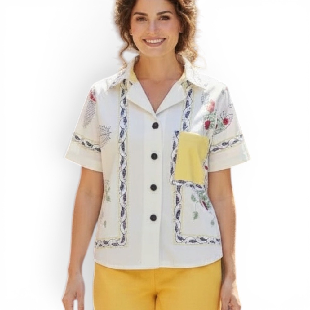Vintage Tablecloth Print Button Up Shirt Yellow White Botanical Camp Collar Sz M